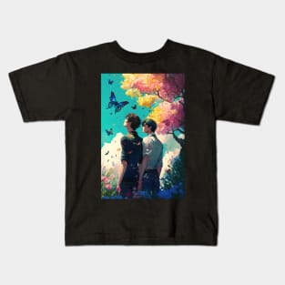 Two Souls Under Blue Butterflies Kids T-Shirt